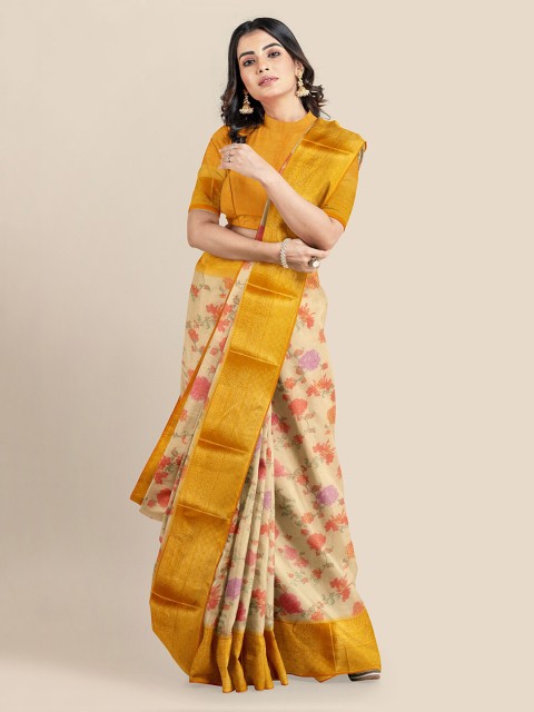 

KLM Fashion Mall Tan Silk Blend Printed Banarasi Saree