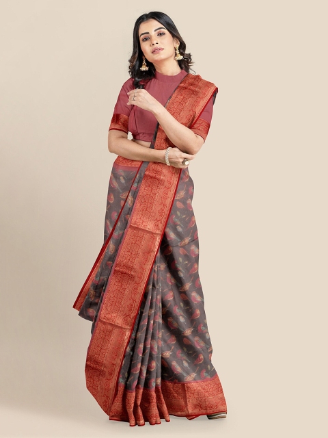 

KLM Fashion Mall Grey & Maroon Silk Blend Printed Banarasi Saree