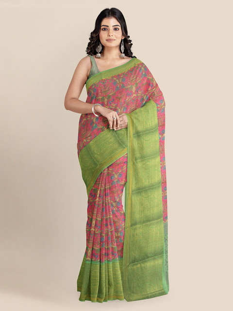 

KLM Fashion Mall Rose & Green Cotton Blend Printed Banarasi Saree