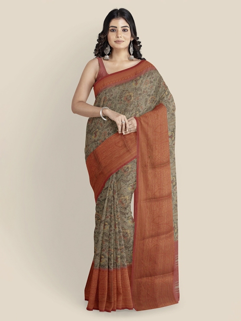 

KLM Fashion Mall Brown Cotton Blend Floral Printed Banarasi Saree