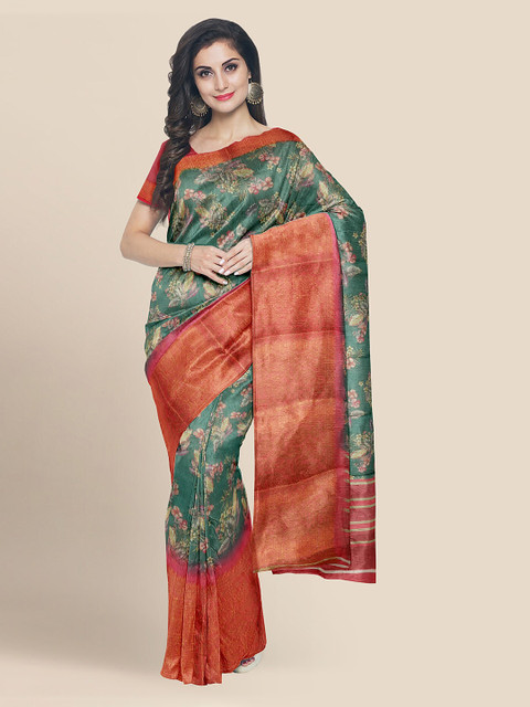

KLM Fashion Mall Green Cotton Blend Floral Banarasi Saree