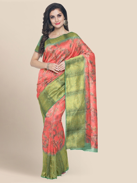 

KLM Fashion Mall Coral Cotton Blend Floral Printed Banarasi Saree