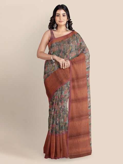 

KLM Fashion Mall Grey & Brown Cotton Blend Printed Banarasi Handloom Saree