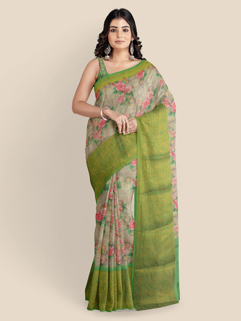 

KLM Fashion Mall Beige & Green Cotton Blend Printed Banarasi Saree