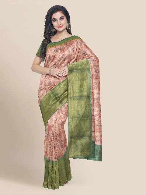 

KLM Fashion Mall Peach-Coloured & Green Silk Cotton Printed Handloom Banarasi Saree