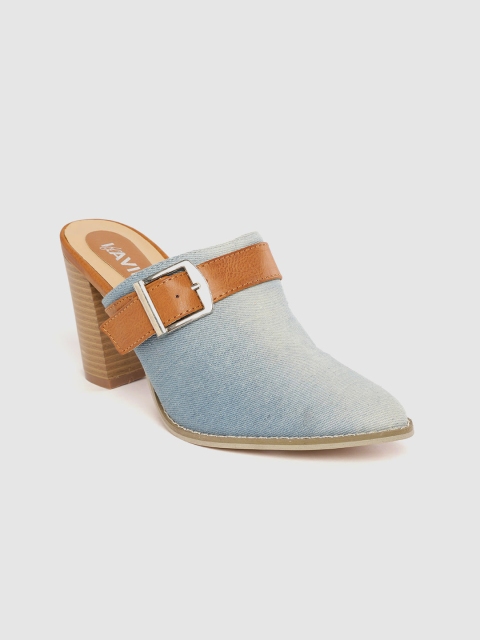 

Lavie Women Blue & Tan Brown Colourblocked Heeled Mules with Buckle Detail