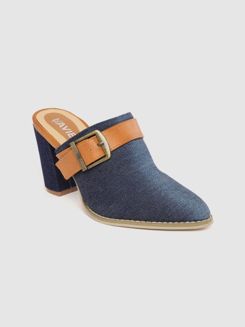 

Lavie Women Blue & Tan Brown Colourblocked Heeled Mules with Buckle Detail