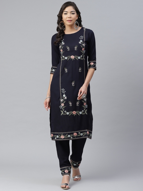 

Anubhutee Women Navy Blue & Pink Embroidered Straight Kurta with Trousers