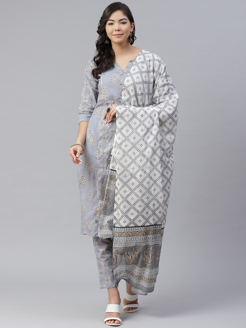 

Anubhutee Women Grey & Black Pure Cotton Printed Kurta with Trousers & Dupatta