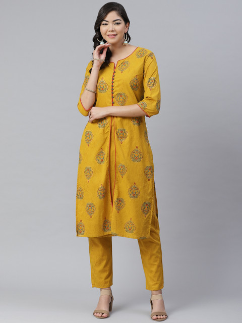 

Anubhutee Women Mustard Yellow & Red Pure Cotton Printed Layered Kurta with Trousers