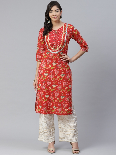 

Anubhutee Women Red & Pink Pure Cotton Floral Printed Kurta with Palazzos