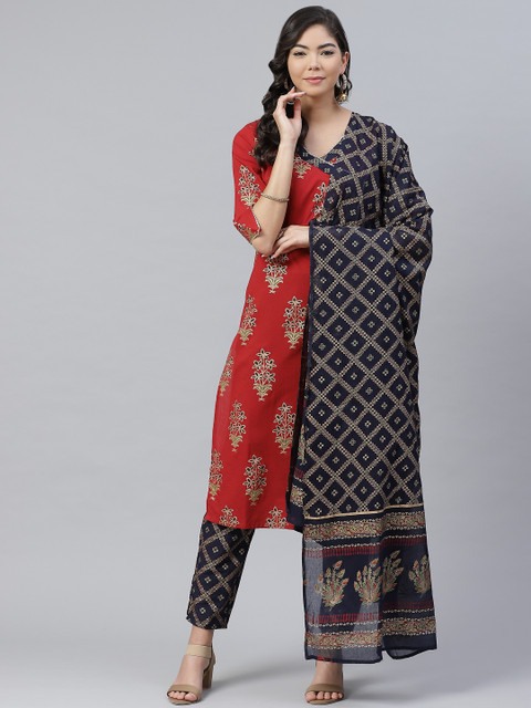 

Anubhutee Women Maroon & Navy Blue Pure Cotton Printed Kurta with Trousers & Dupatta