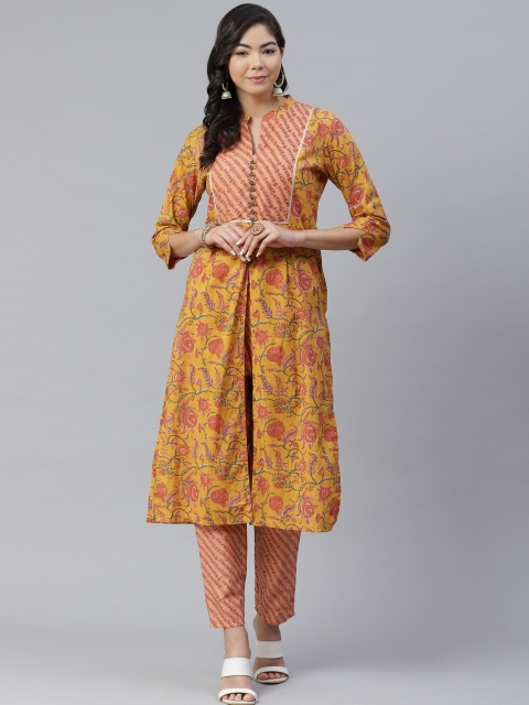 

Anubhutee Women Mustard Yellow & Green Pure Cotton Floral Printed Kurta with Trousers