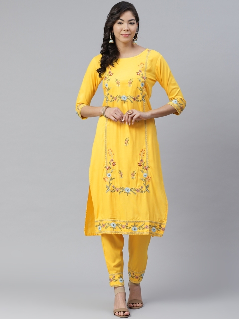 

Anubhutee Women Yellow Embroidered Kurta with Trousers