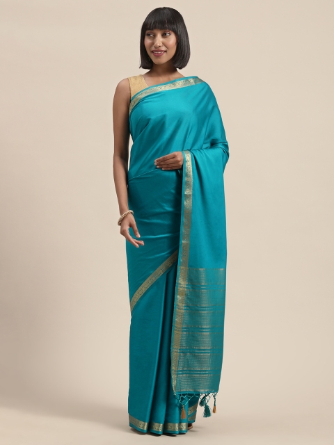

MIMOSA Turquoise Blue Poly Crepe Solid Mysore Silk Saree