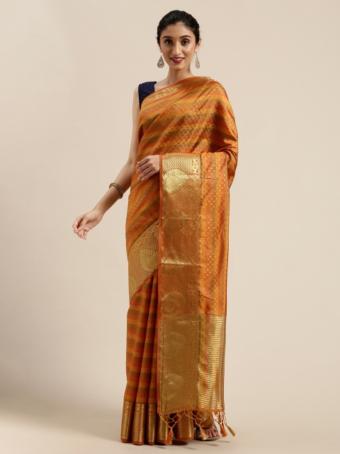 

MIMOSA Mustard Yellow & Gold-Toned Art Silk Striped Kanjeevaram Saree