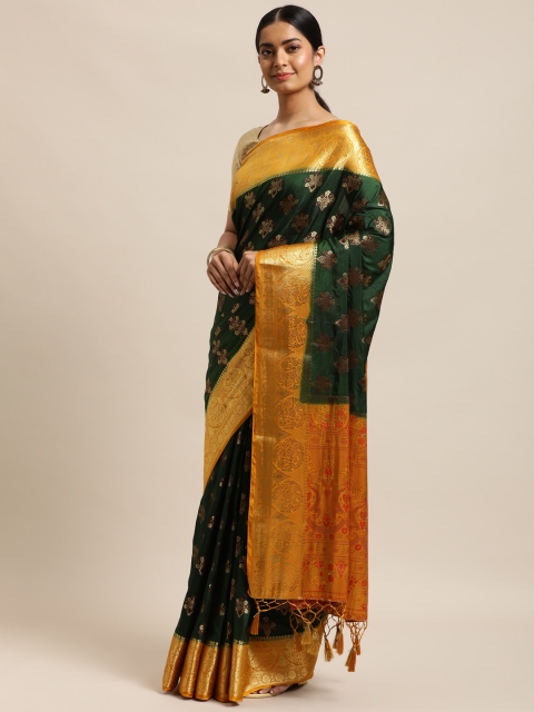 

MIMOSA Green & Golden Floral Woven Design Zari Art Silk Kanjeevaram Saree