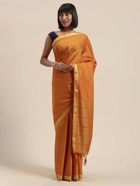 

MIMOSA Mustard Yellow & Golden Poly Crepe Solid Mysore Silk Saree