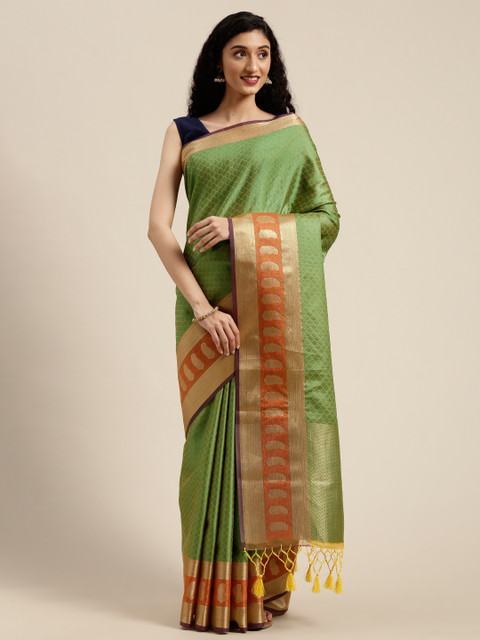 

MIMOSA Green & Gold-Toned Art Silk Woven Design Kanjeevaram Saree