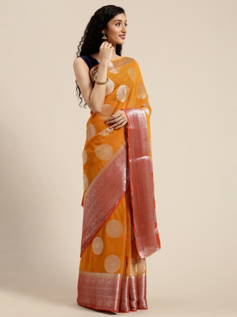 

MIMOSA Orange & Silver-Coloured Poly Chiffon Woven Design Banarasi Saree