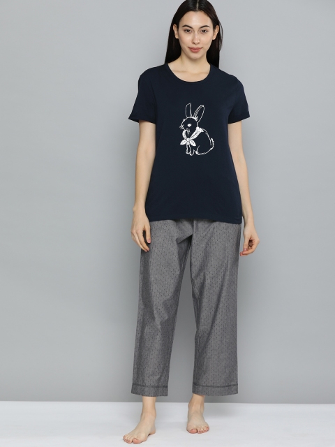 

Chemistry Women Navy Blue & Grey Printed Night suit