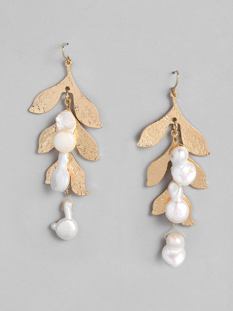

Accessorize White & Gold-Toned Statement Leaf Pearl Drop Earrings