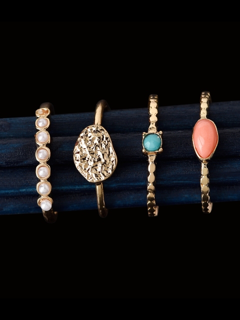 

Accessorize Women Set of 4 DFG STONE & TEXTILE STACKING Finger Rings, Gold
