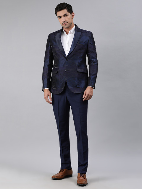 

Ethnix by Raymond Men Navy Blue Self-Design Single-Breasted Formal Suit