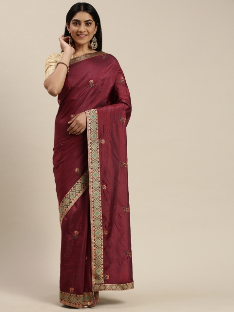 

Indian Women Maroon Embroidered Silk Blend Saree
