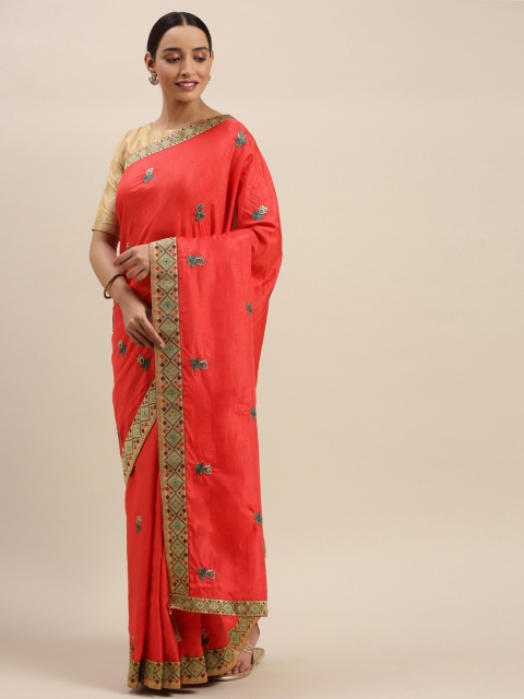 

Indian Women Red Embroidered Silk Blend Saree