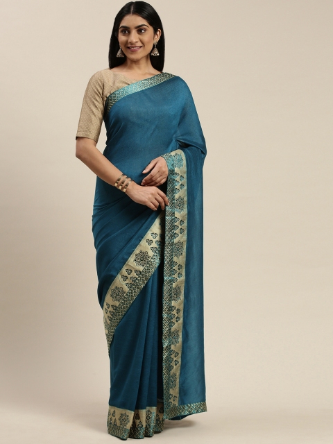 

Indian Women Teal Blue Solid Silk Blend Saree