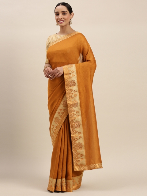 

Indian Women Orange Solid Vichitra Silk Blend Saree