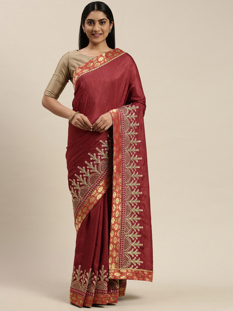 

Indian Women Maroon Embroidered Saree