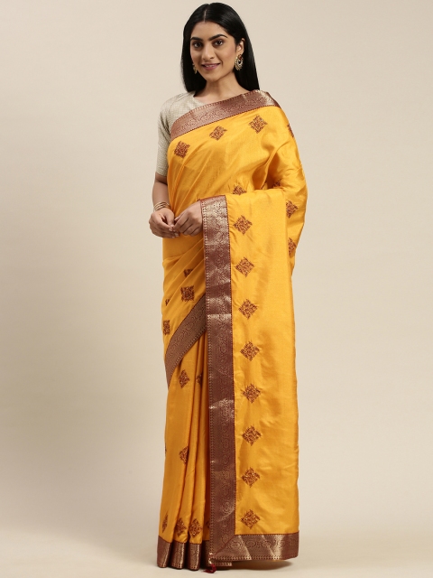

Indian Women Yellow & Red Silk Blend Embroidered Saree