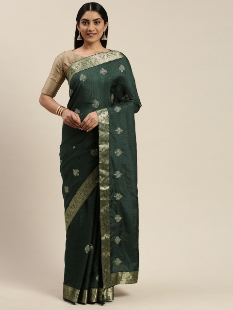 

Indian Women Green & Gold-Toned Silk Blend Embroidered Designer Saree