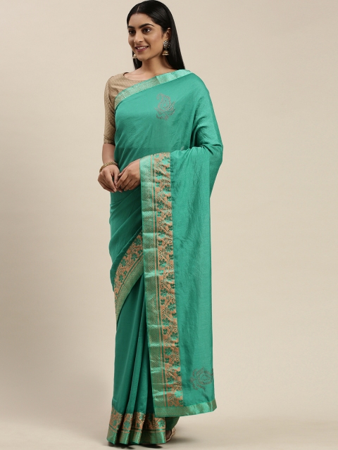 

Indian Women Sea Green & Golden Silk Blend Embellished Saree