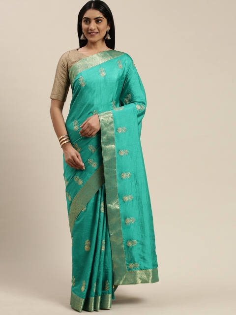 

Indian Women Teal Green & Golden Silk Blend Embroidered Saree