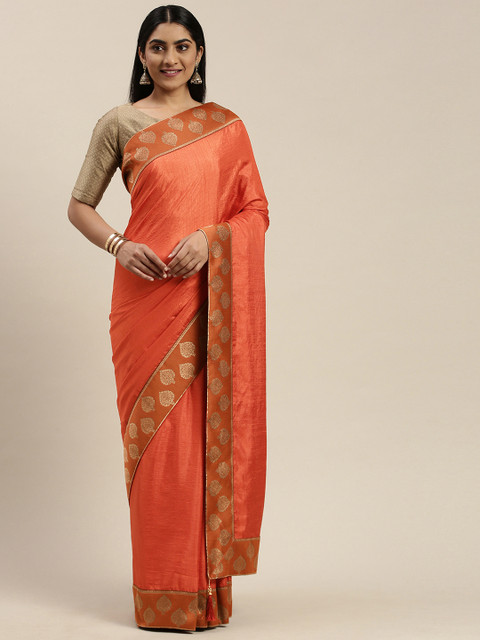 

Indian Women Orange & Golden Silk Blend Solid Saree