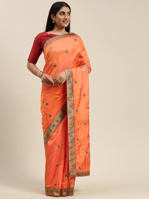 

Indian Women Orange Embroidered Silk Blend Designer Saree
