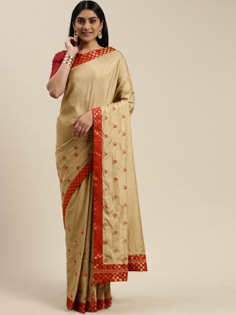 

Indian Women Beige & Red Poly Silk Embroidered Saree