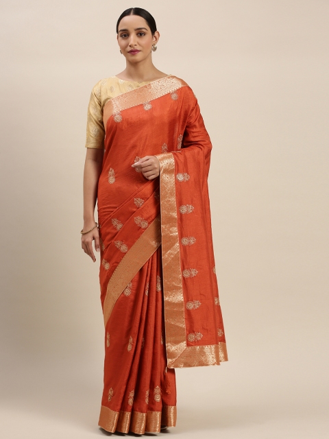 

Indian Women Orange & Gold-Toned Silk Blend Embroidered Designer Saree