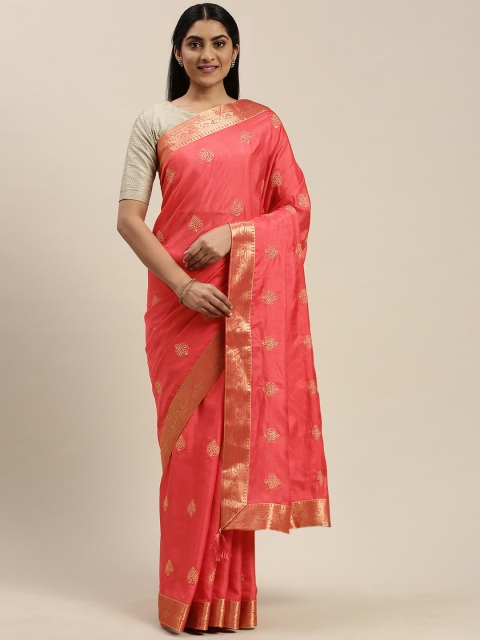 

Indian Women Coral Solid Silk Blend Saree