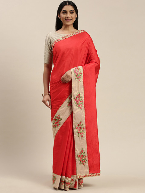 

Indian Women Red Solid Poly Silk Designer Saree