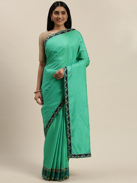 

Indian Women Teal Green Embellished Poly Silk Saree