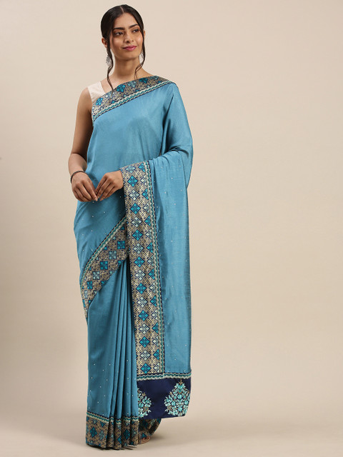

Indian Women Teal Blue Solid Poly Silk Saree