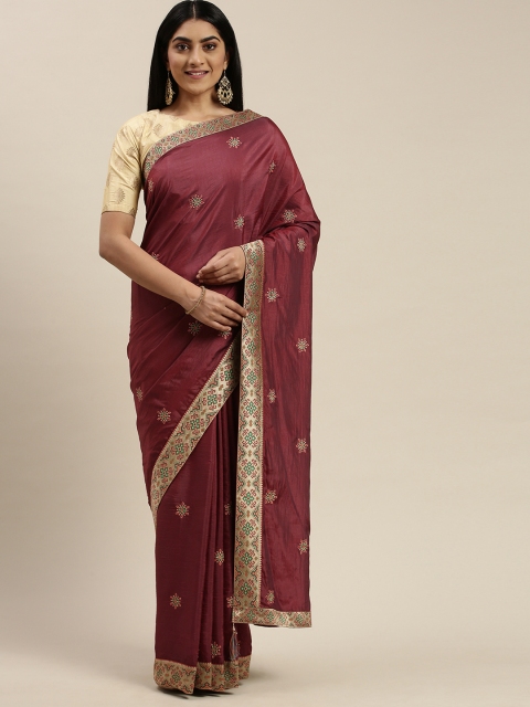 

Indian Women Burgundy Embroidered Silk Blend Saree