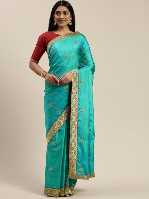 

Indian Women Teal Green & Golden Silk Blend Embroidered Saree