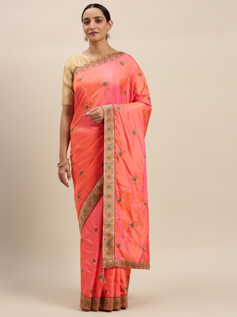 

Indian Women Coral Pink Embroidered Vichitra Silk Blend Saree