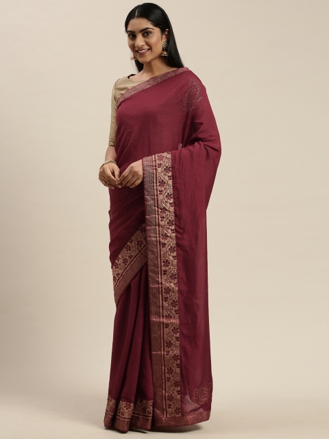 

Indian Women Maroon & Golden Silk Blend Embellished Saree