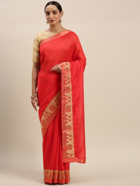 

Indian Women Coral Red Solid Vichitra Silk Blend Saree